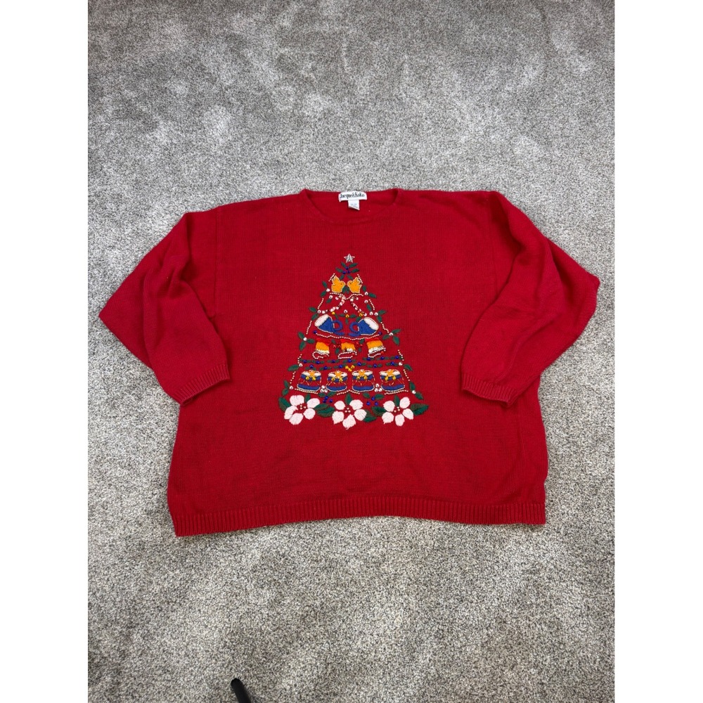 Jacque & KoKo Red Christmas Tree Embroidered‎ Beaded Sweater Size 26/28